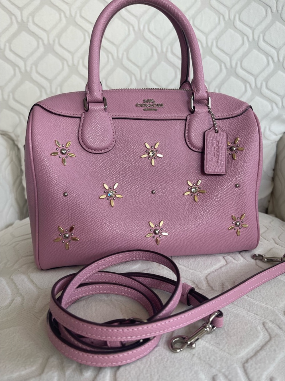 Coach Mini Benet Lilac Pink Tulip Floral crystal Stud Leather Satchel with Strap - Picture 3 of 10